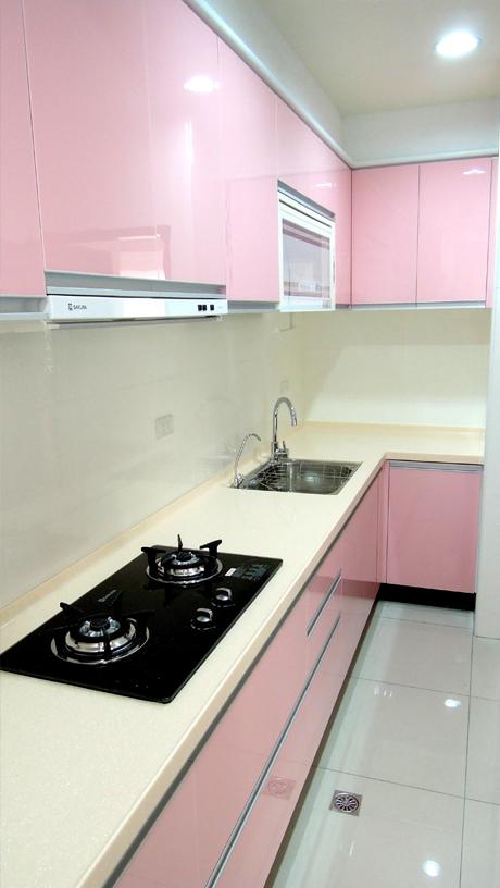 L型廚具櫃-粉色系統廚具櫃
